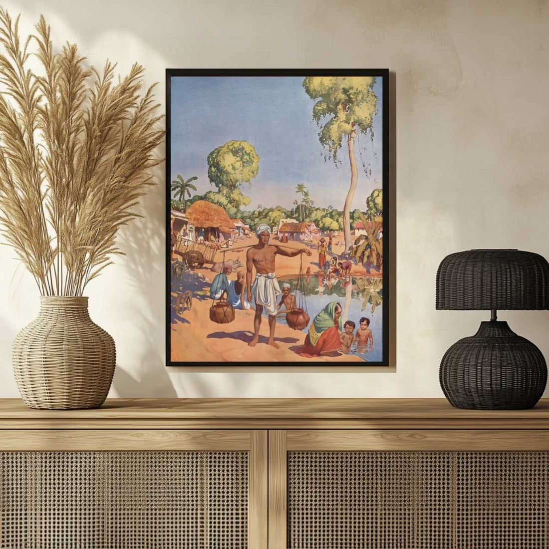 Indian Village Pond Life Painting | Vertical Framed Print 3 : 4 Vertical Premium Wall Art Canvas by MeriDeewar