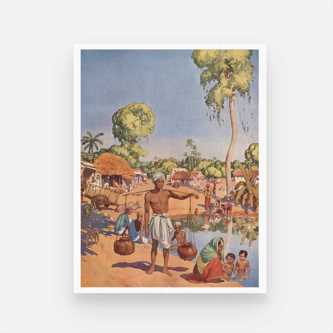 Indian Village Pond Life Painting | Vertical Framed Print 3 : 4 Vertical Premium Wall Art Canvas by MeriDeewar