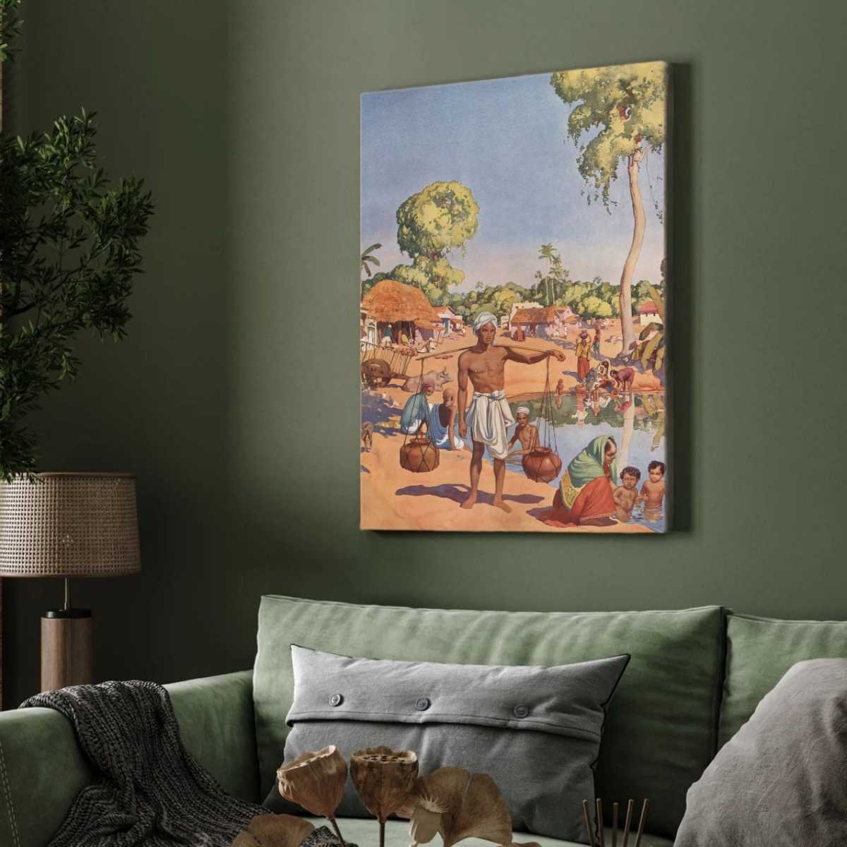 Indian Village Pond Life Painting | Vertical Framed Print 3 : 4 Vertical Premium Wall Art Canvas by MeriDeewar