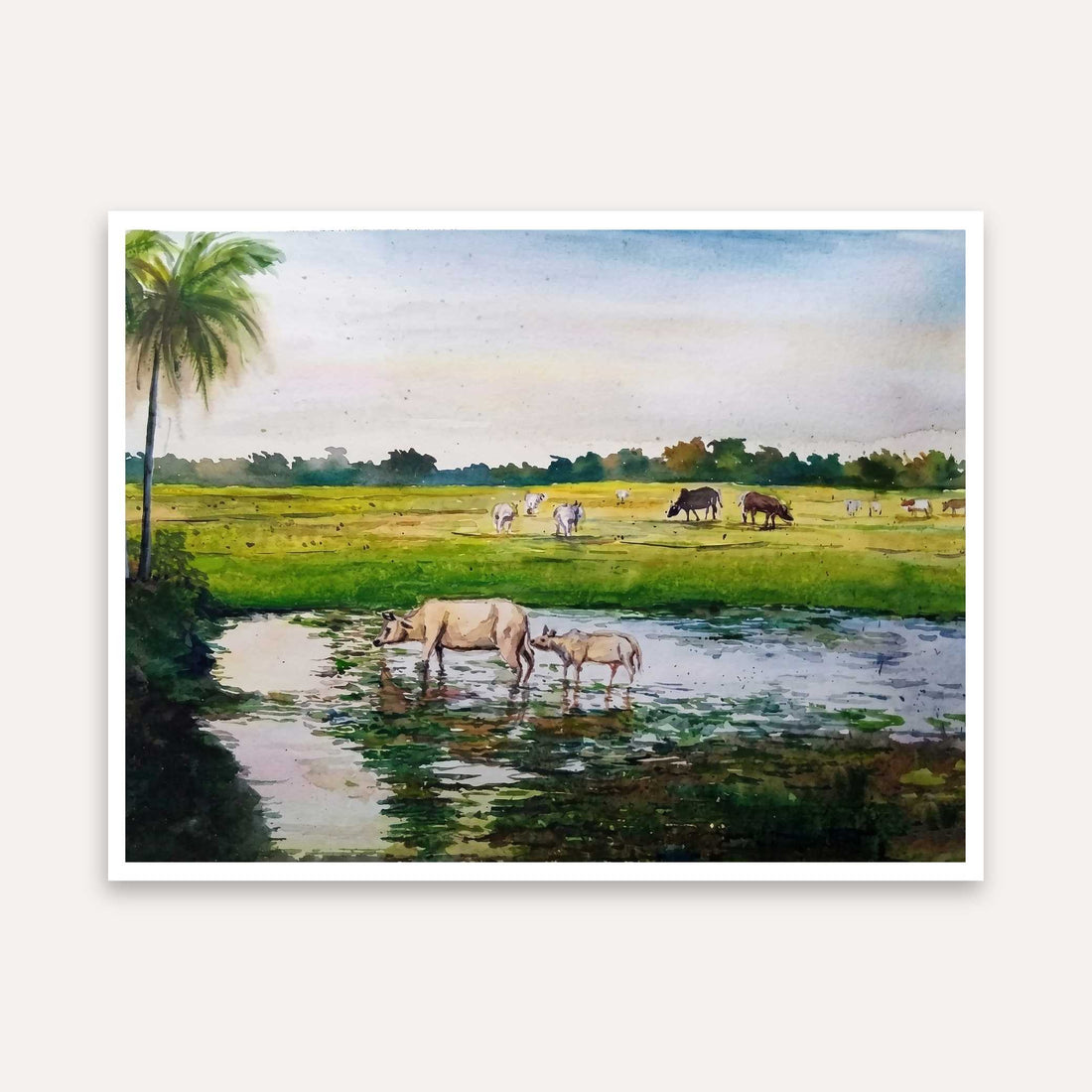Indian Village Scenery Painting for Living Room – Cows Grazing by River | Nature Wall Art 5 : 4 Horizontal Premium Wall Art Canvas by MeriDeewar