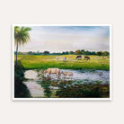 Indian Village Scenery Painting for Living Room – Cows Grazing by River | Nature Wall Art 5 : 4 Horizontal Premium Wall Art Canvas by MeriDeewar