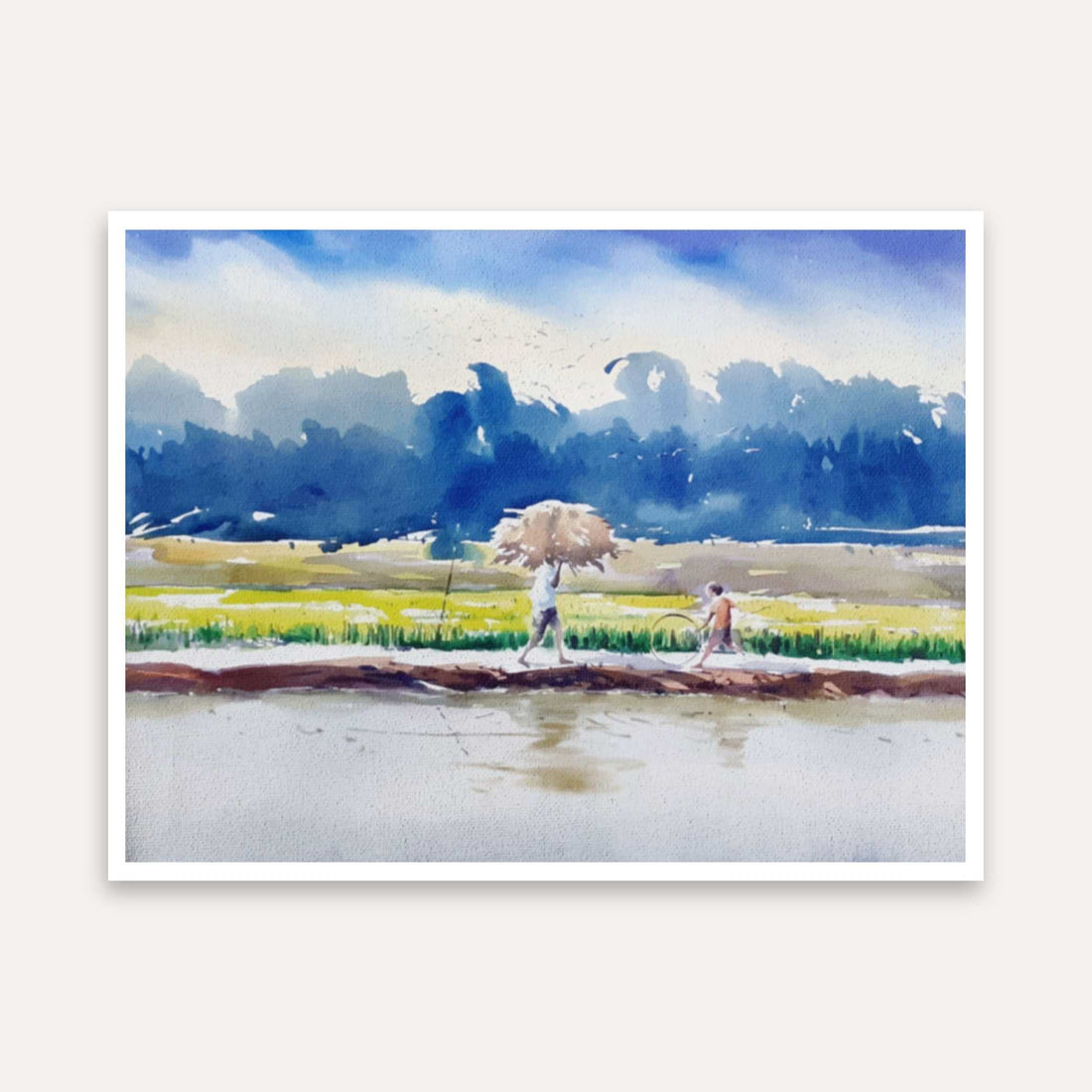 Indian Village Scenery Painting for Living Room | Watercolour Farm Landscape Wall Art 5 : 4 Horizontal Premium Wall Art Canvas by MeriDeewar
