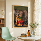 Indian Village Woman Milking Cow Painting – Raja Ravi Varma Traditional Wall Art for Living Room 2 : 3 Vertical Premium Wall Art Canvas by MeriDeewar