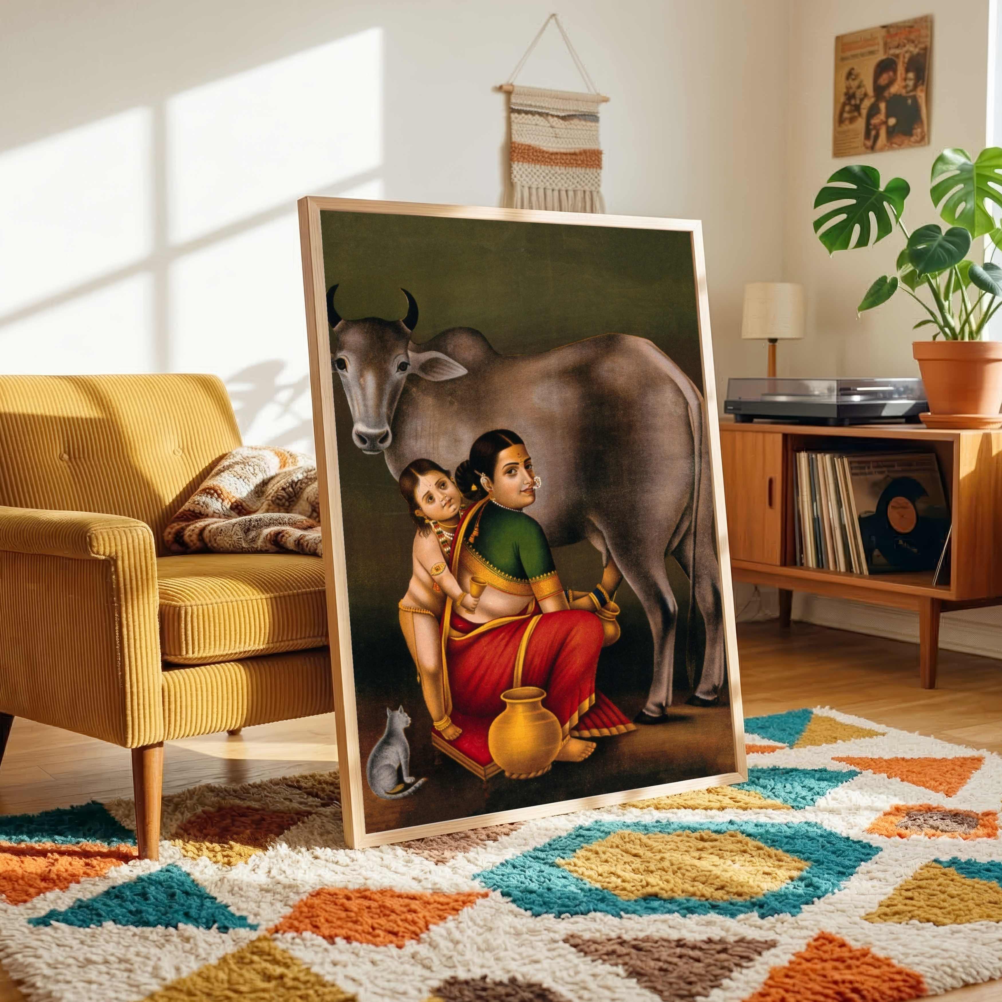 Indian Village Woman Milking Cow Painting – Raja Ravi Varma Traditional Wall Art for Living Room 2 : 3 Vertical Premium Wall Art Canvas by MeriDeewar
