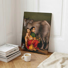 Indian Village Woman Milking Cow Painting – Raja Ravi Varma Traditional Wall Art for Living Room 2 : 3 Vertical Premium Wall Art Canvas by MeriDeewar