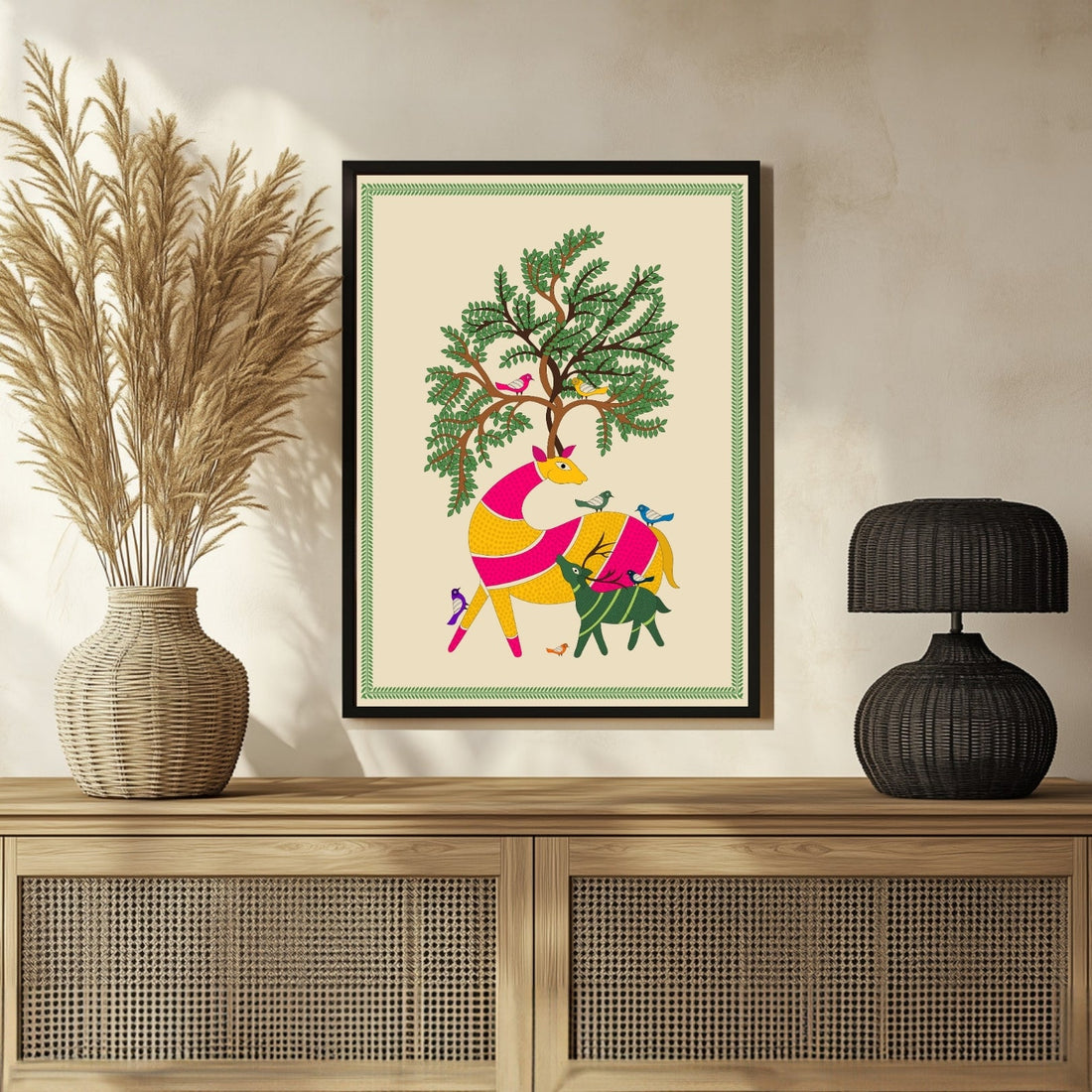 Indian Wildlife Madhubani Canvas - Traditional Art Collection 3 : 4 Vertical New Premium Wall Art Canvas by MeriDeewar