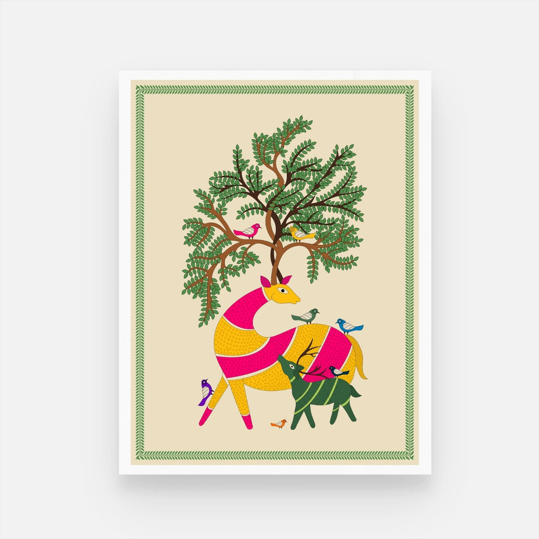 Indian Wildlife Madhubani Canvas - Traditional Art Collection 3 : 4 Vertical New Premium Wall Art Canvas by MeriDeewar