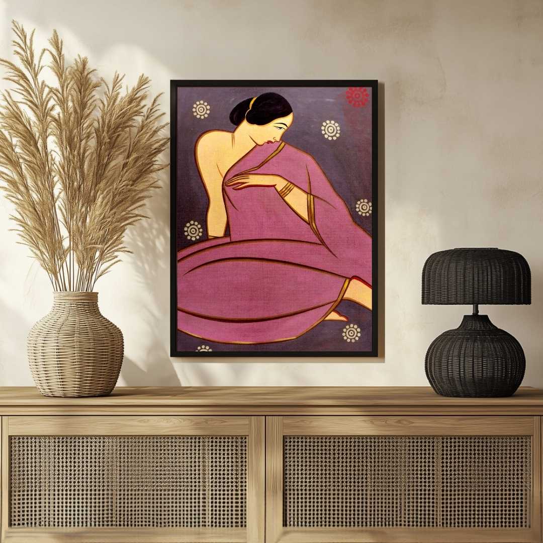 Indian Woman in Pink Sari Painting for Living Room | Jamini Roy Style Wall Art | MeriDeewar 3 : 4 Vertical Premium Wall Art Canvas by MeriDeewar
