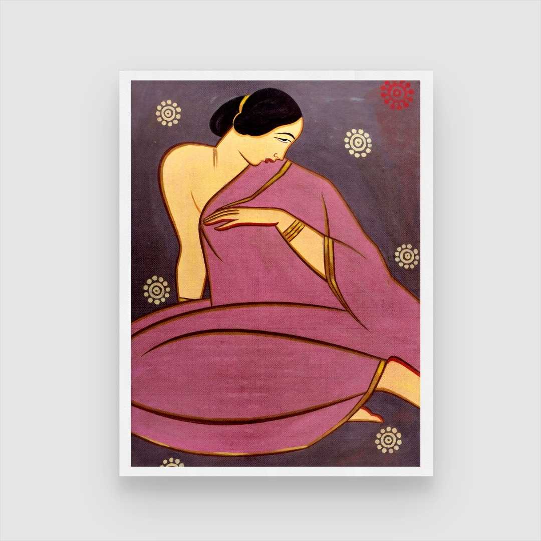 Indian Woman in Pink Sari Painting for Living Room | Jamini Roy Style Wall Art | MeriDeewar 3 : 4 Vertical Premium Wall Art Canvas by MeriDeewar