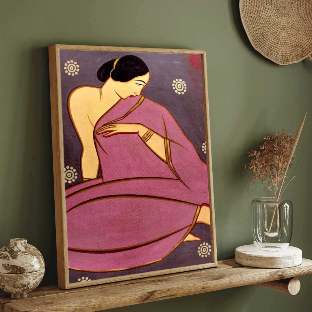 Indian Woman in Pink Sari Painting for Living Room | Jamini Roy Style Wall Art | MeriDeewar 3 : 4 Vertical Premium Wall Art Canvas by MeriDeewar