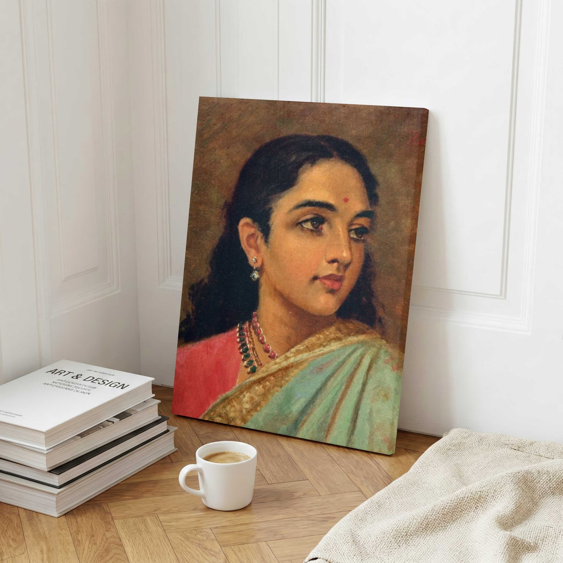 Traditional Indian Woman in Saree Painting – Timeless Raja Ravi Varma Style Art | MeriDeewar 4 X 5.5 Vertical Premium Wall Art Canvas by MeriDeewar