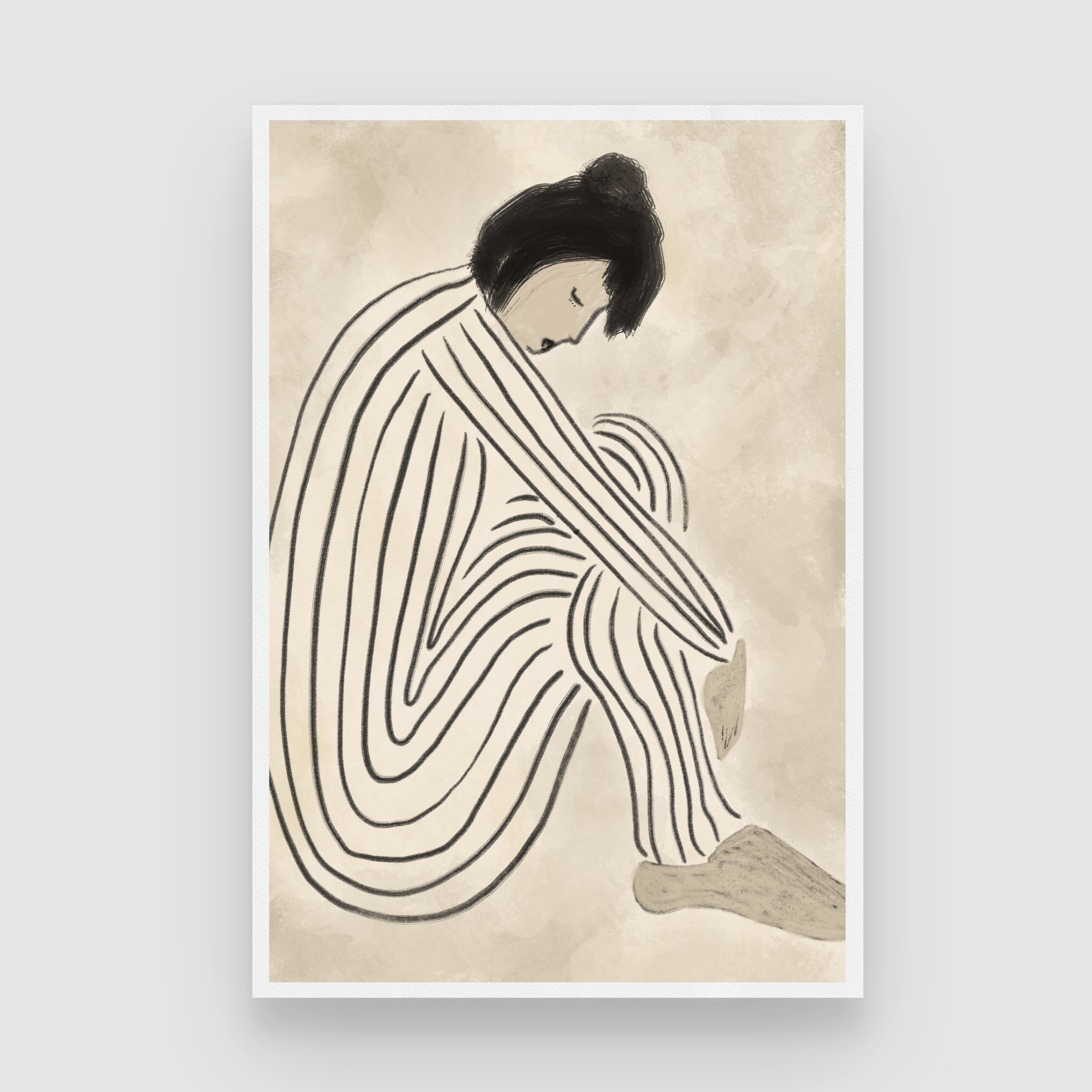 Inner Stillness – Minimalist Line Art Woman Canvas Painting 2 : 3 Vertical Premium Wall Art Canvas by MeriDeewar