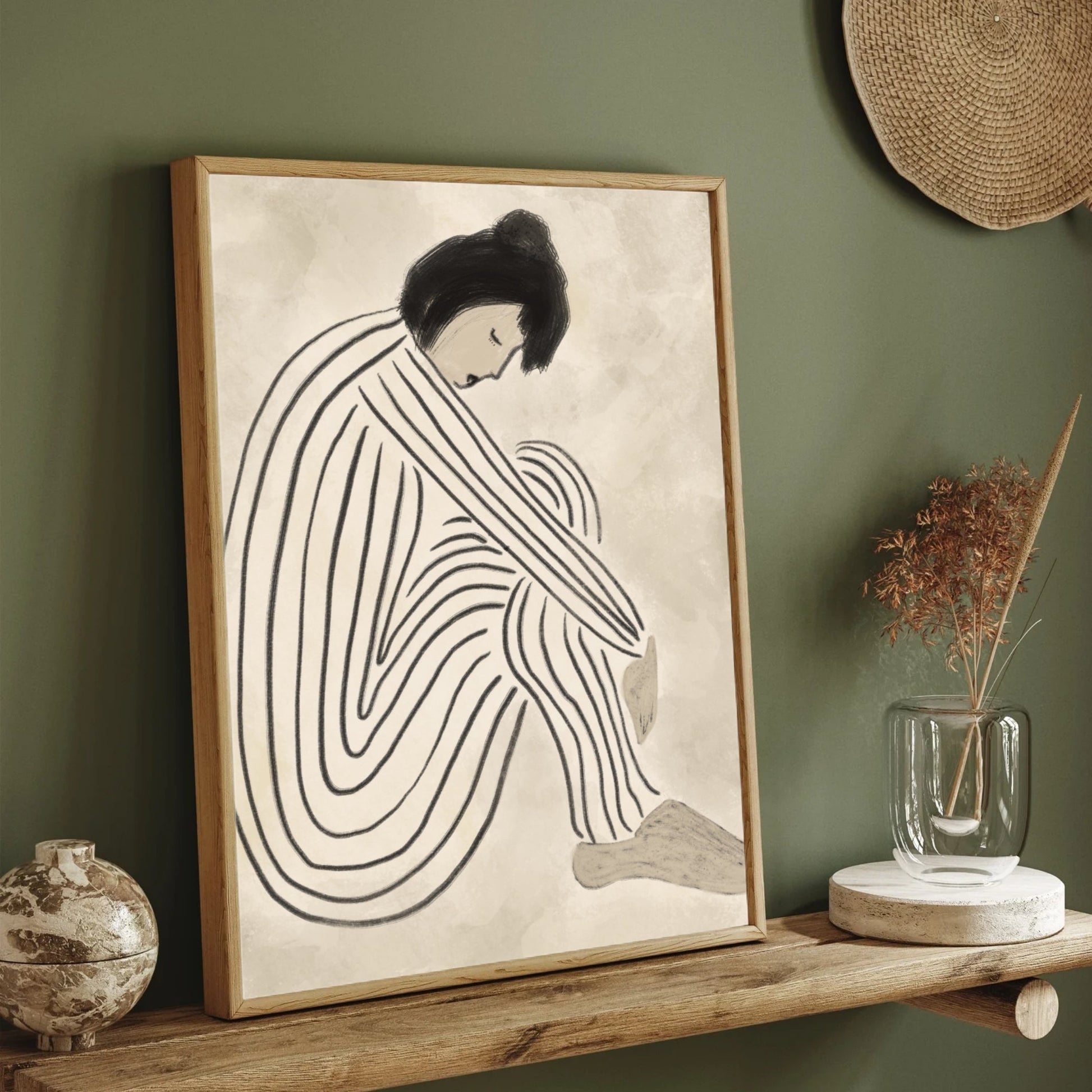 Inner Stillness – Minimalist Line Art Woman Canvas Painting 2 : 3 Vertical Premium Wall Art Canvas by MeriDeewar