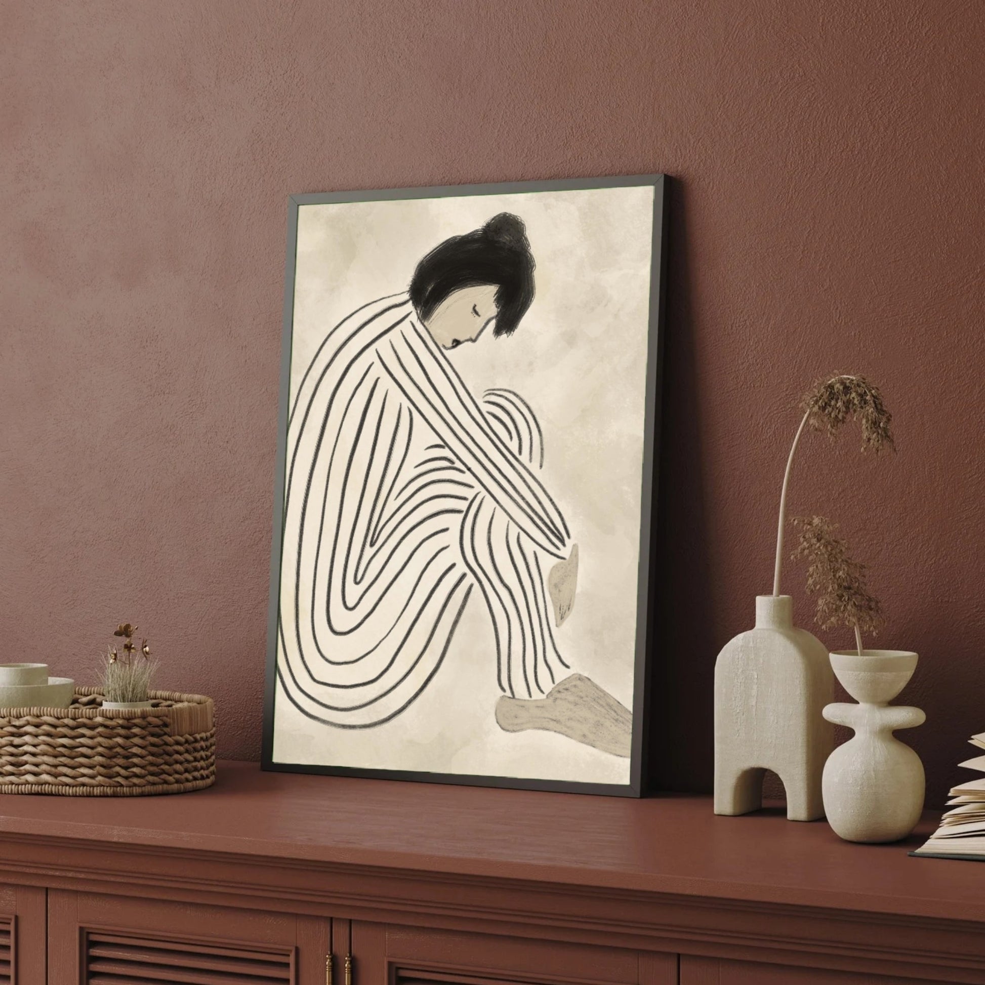 Inner Stillness – Minimalist Line Art Woman Canvas Painting 2 : 3 Vertical Premium Wall Art Canvas by MeriDeewar