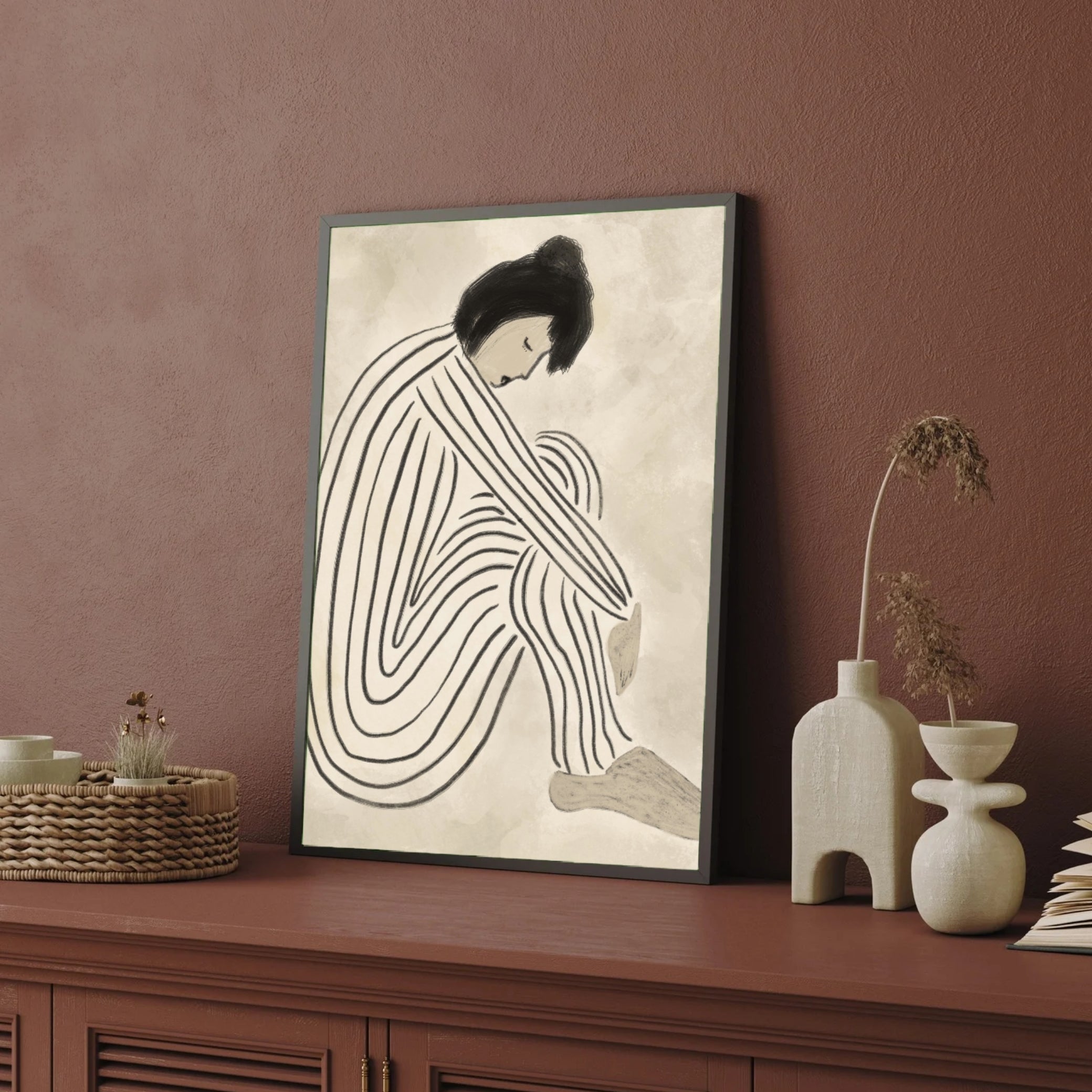 Inner Stillness – Minimalist Line Art Woman Canvas Painting 2 : 3 Vertical Premium Wall Art Canvas by MeriDeewar
