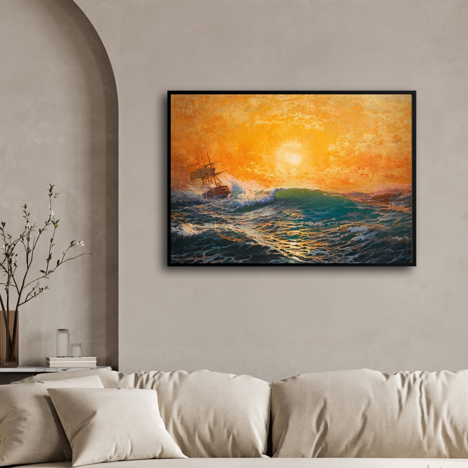 Into the Horizon – Golden Sunset & Stormy Sea Canvas 2 : 3 Horizontal Premium Wall Art Canvas by MeriDeewar