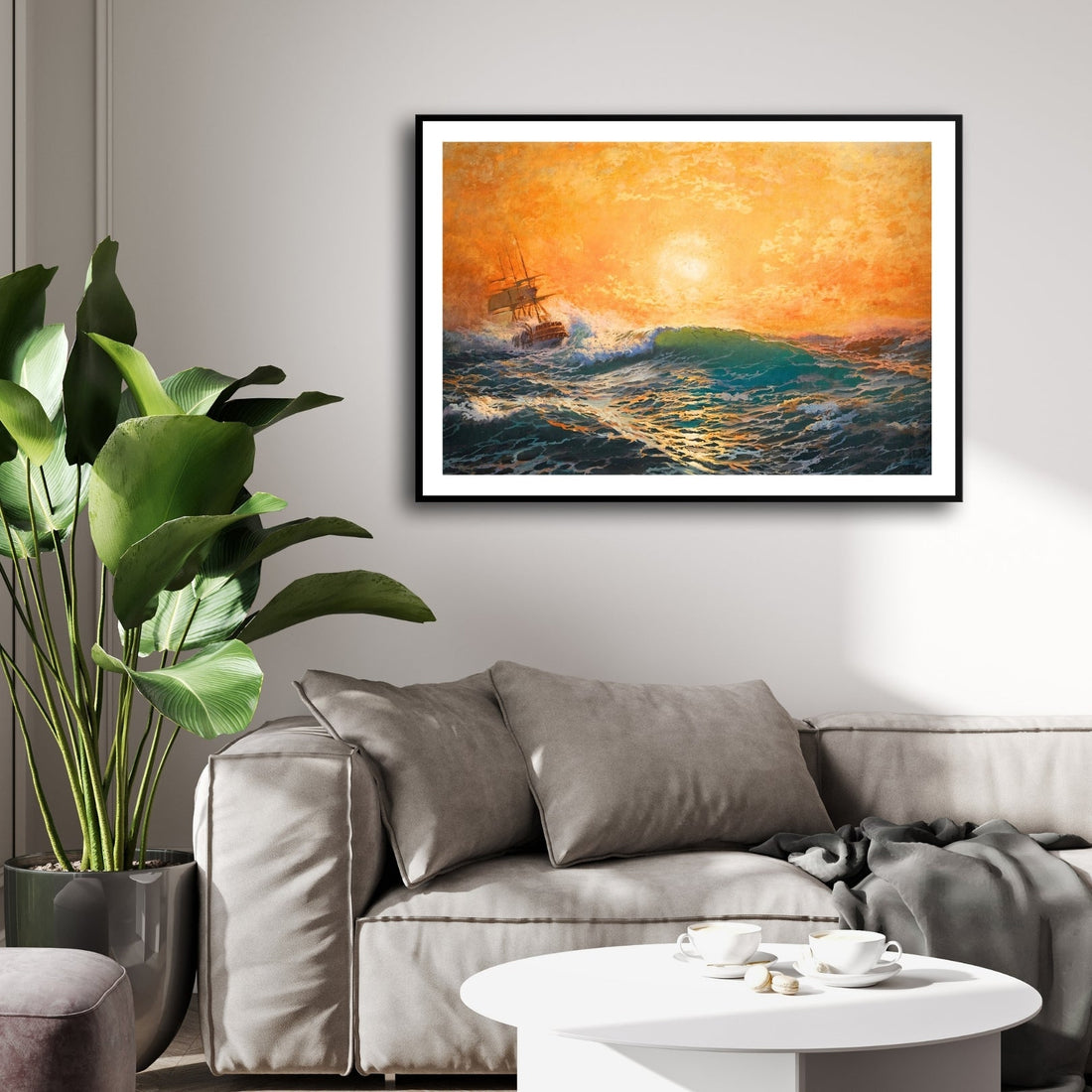Into the Horizon – Golden Sunset & Stormy Sea Canvas 2 : 3 Horizontal Premium Wall Art Canvas by MeriDeewar