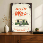 "Into the Wild" Vintage Camper Poster | Vertical Borderless Art Frame Poster Premium Wall Art Canvas by MeriDeewar