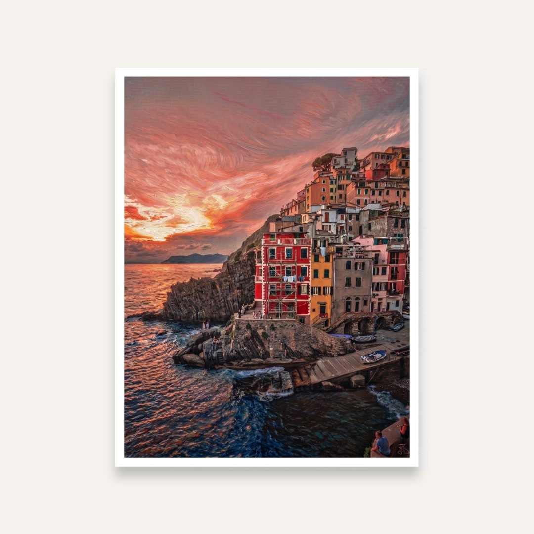 Italian Seaside Sunset Painting for Living Room | Colourful Coastal Wall Art | Giclée Print 3 : 4 Vertical Premium Wall Art Canvas by MeriDeewar