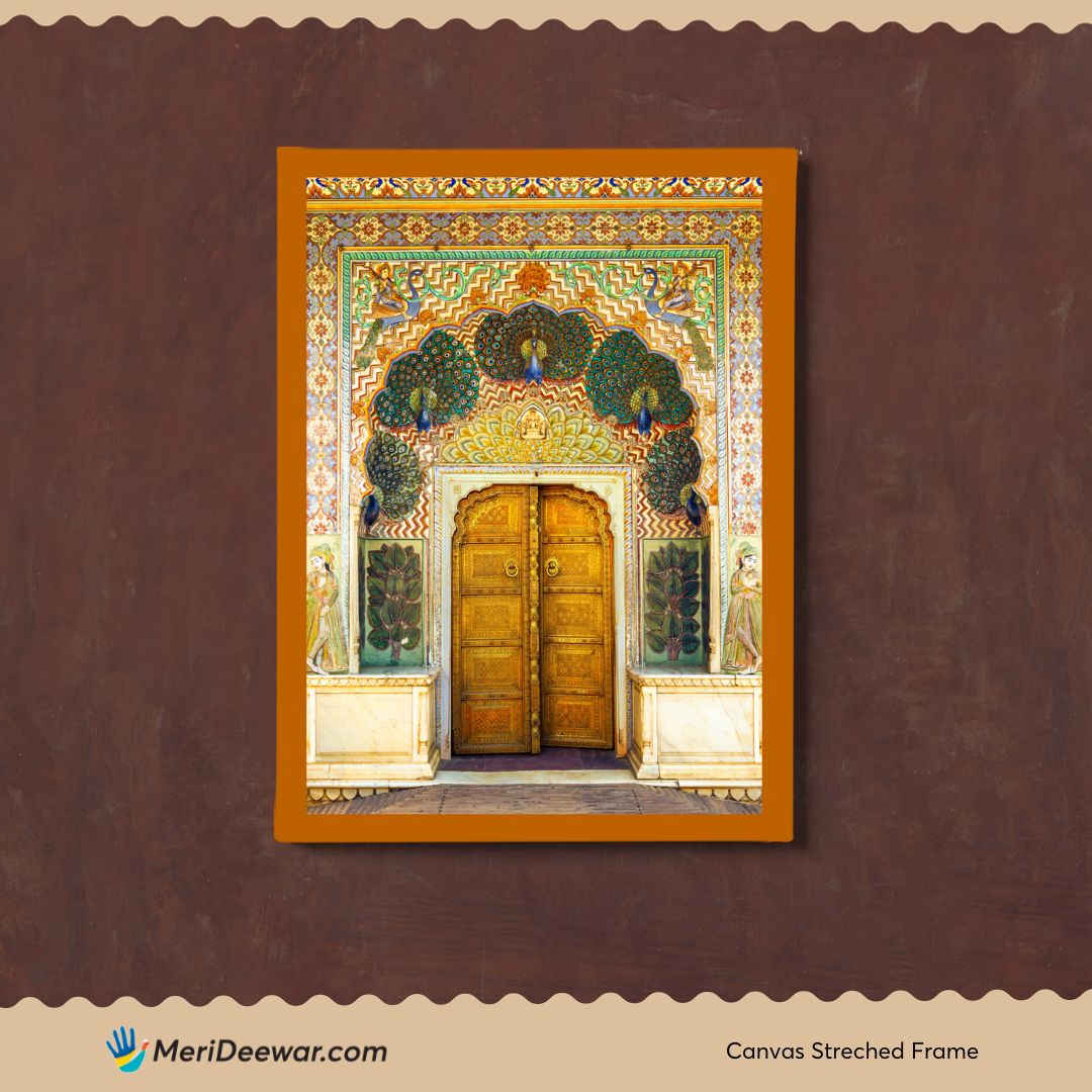 Jaipur City Palace Door Art - Authentic Indian Wall Painting 3 : 4 Vertical New Premium Wall Art Canvas by MeriDeewar