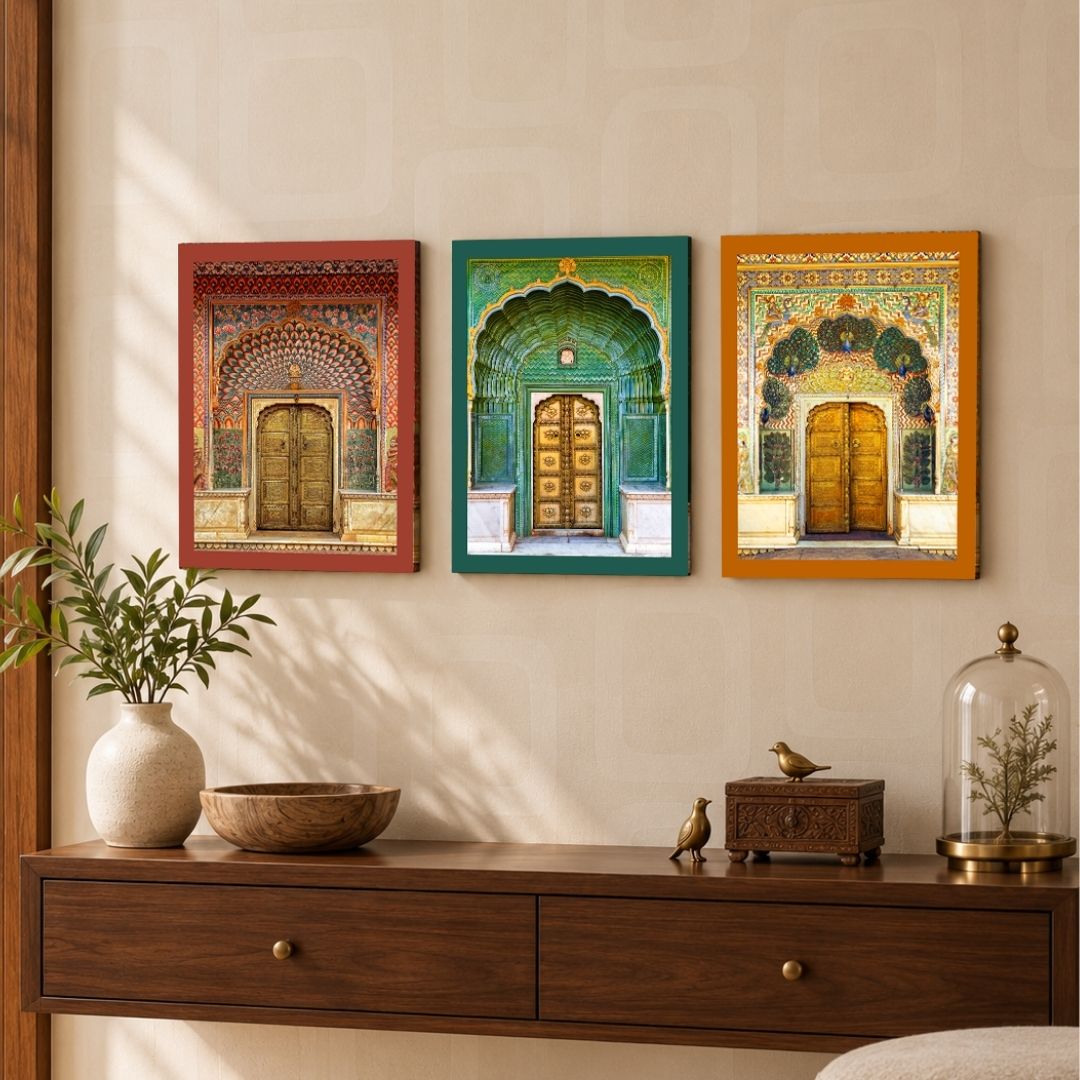 Jaipur Dwarika | Jaipur City Palace Gates  Set of 3 Vertical Canvas Curate Premium Wall Art Canvas by MeriDeewar