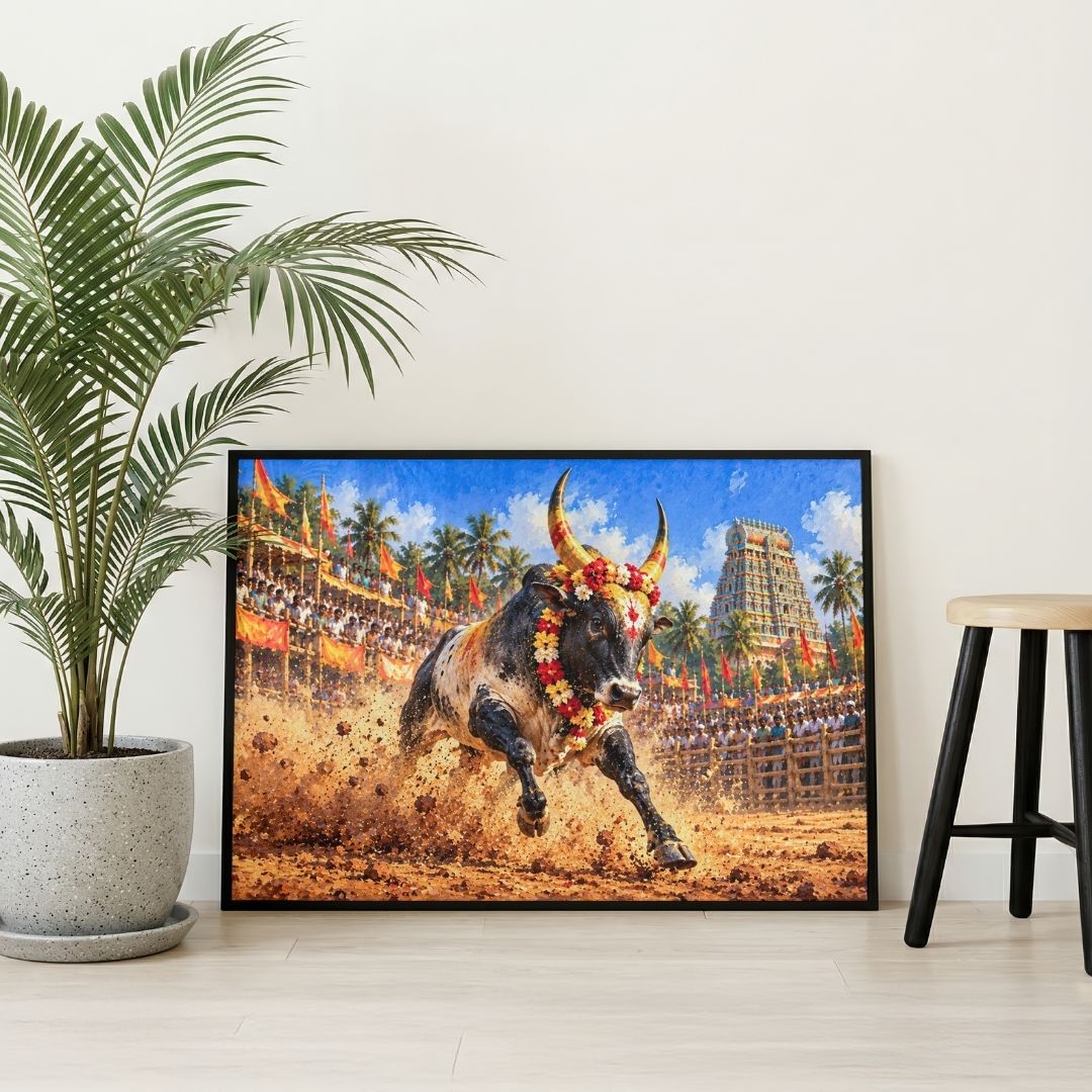 Jallikattu | Sacred Bull Festival Tamil Heritage Gallery Wrap Canvas Curate Black Premium Wall Art Canvas by MeriDeewar
