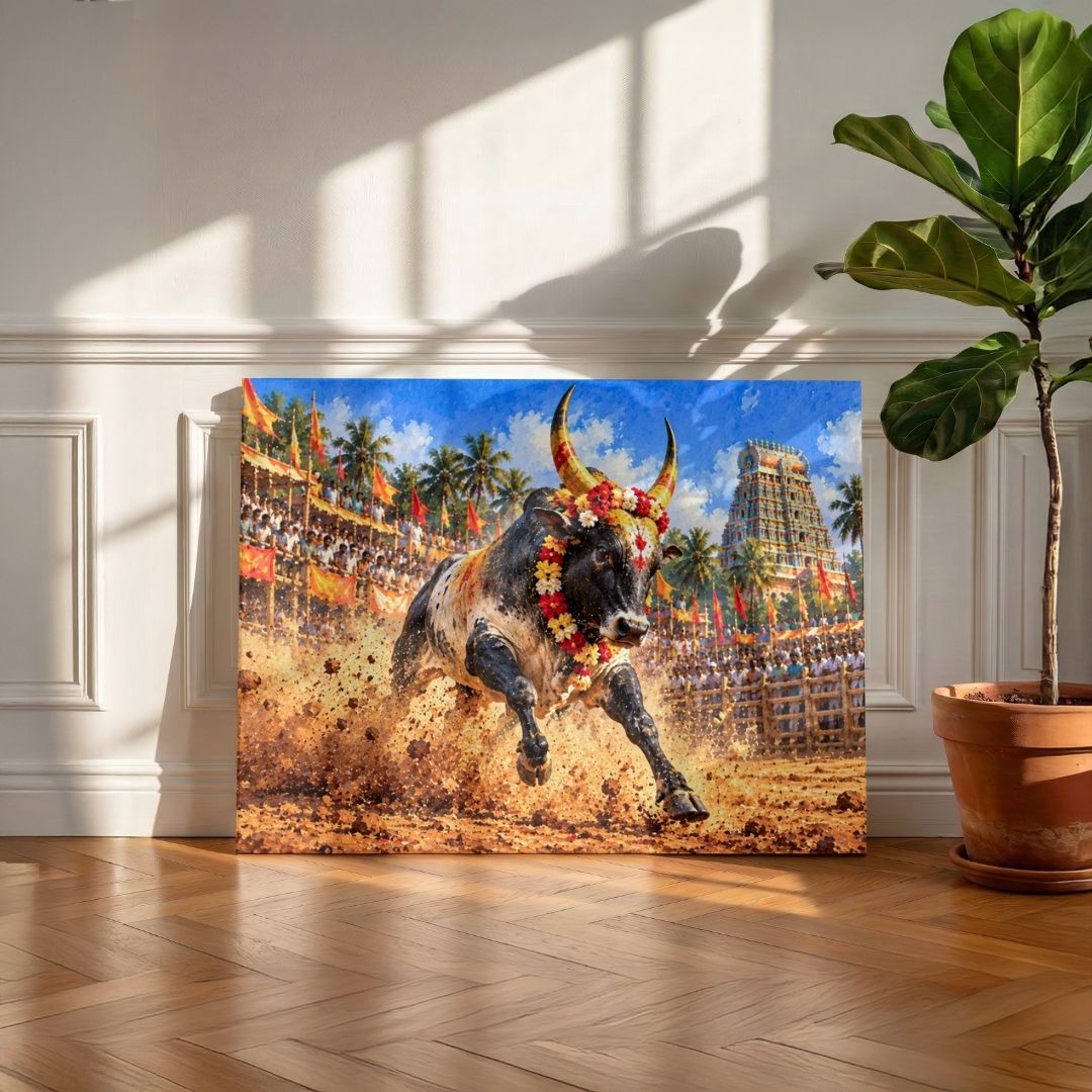 Jallikattu | Sacred Bull Festival Tamil Heritage Gallery Wrap Canvas Curate Gallery Wrap Premium Wall Art Canvas by MeriDeewar