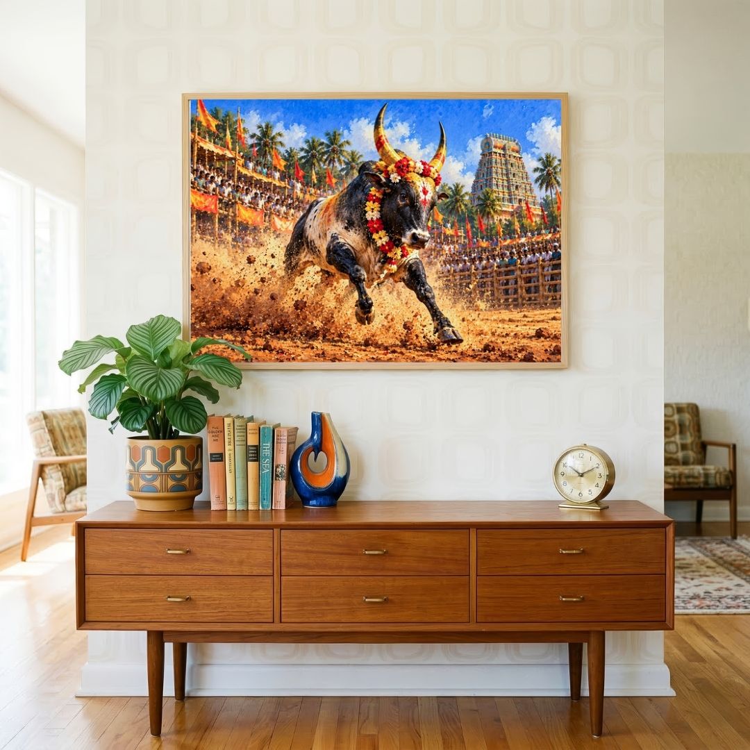 Jallikattu | Sacred Bull Festival Tamil Heritage Gallery Wrap Canvas Curate Pinewood Premium Wall Art Canvas by MeriDeewar