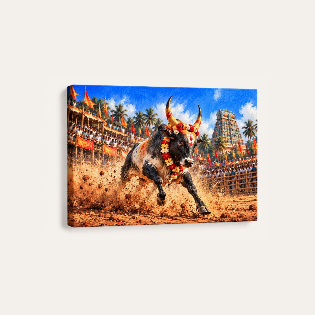 Jallikattu | Sacred Bull Festival Tamil Heritage Gallery Wrap Canvas Curate Premium Wall Art Canvas by MeriDeewar