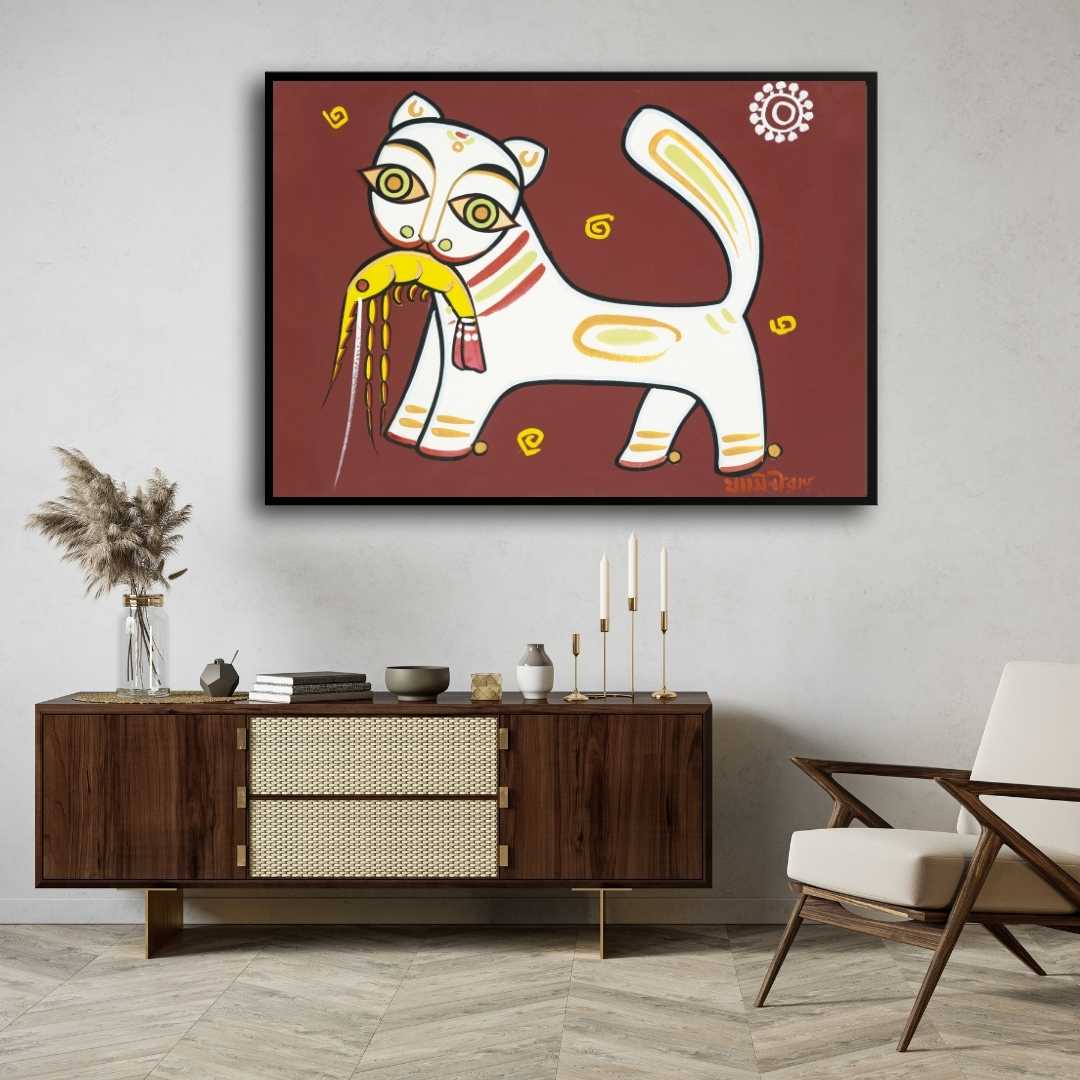 Jamini Roy Cat Painting for Living Room – Indian Folk Art Wall Painting | Giclée Print 3 : 2 Horizontal Premium Wall Art Canvas by MeriDeewar