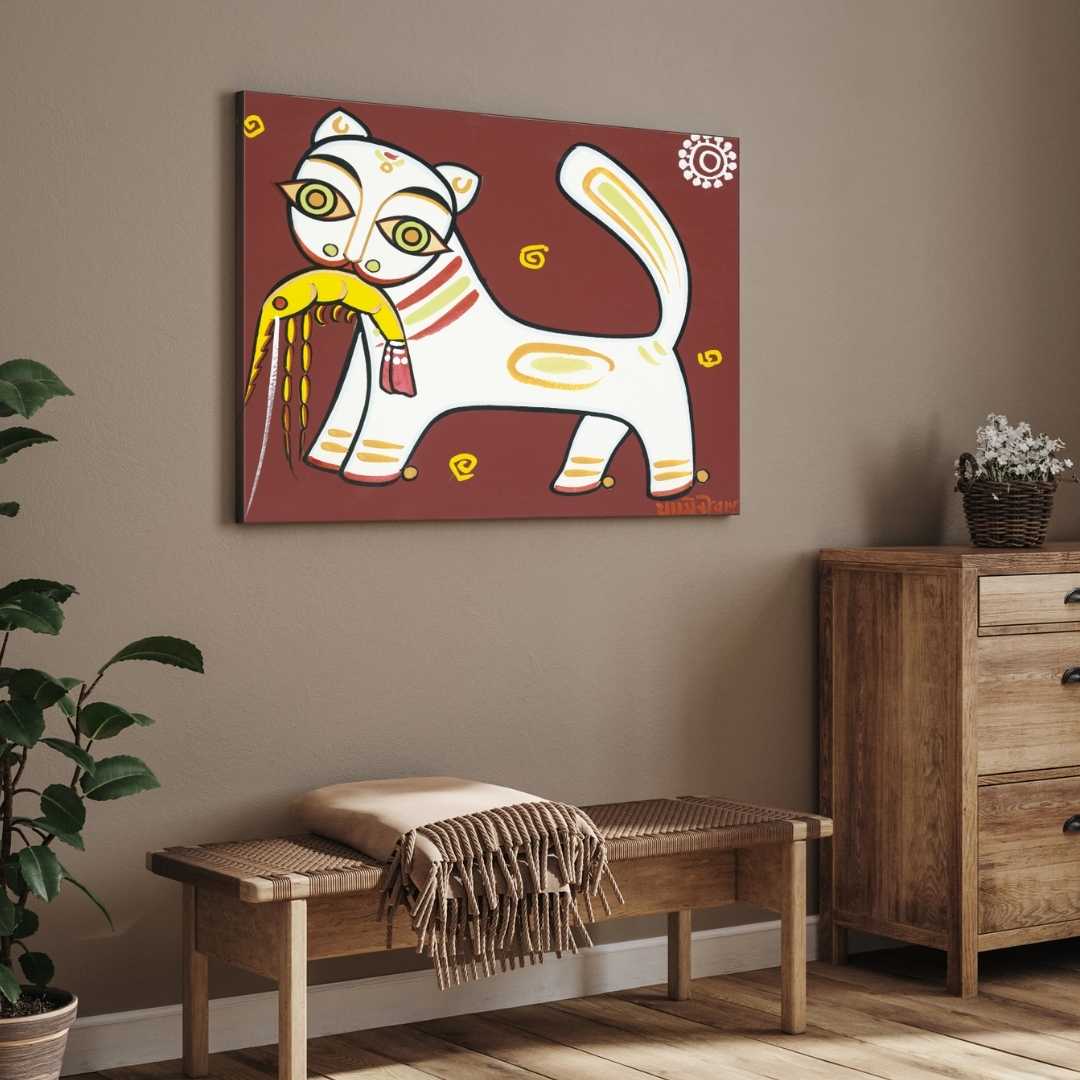 Jamini Roy Cat Painting for Living Room – Indian Folk Art Wall Painting | Giclée Print 3 : 2 Horizontal Premium Wall Art Canvas by MeriDeewar