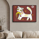 Jamini Roy Cat Painting for Living Room – Indian Folk Art Wall Painting | Giclée Print 3 : 2 Horizontal Premium Wall Art Canvas by MeriDeewar