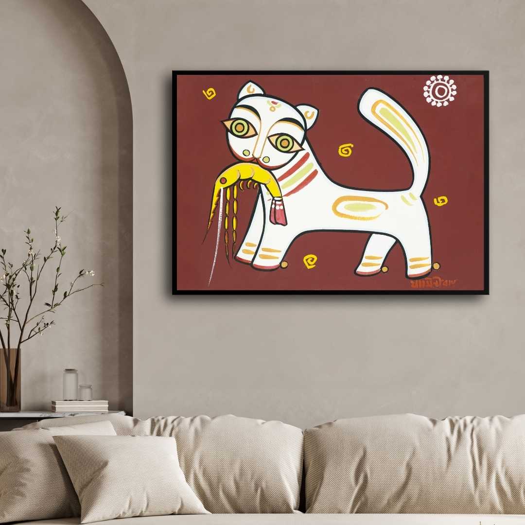 Jamini Roy Cat Painting for Living Room – Indian Folk Art Wall Painting | Giclée Print 3 : 2 Horizontal Premium Wall Art Canvas by MeriDeewar