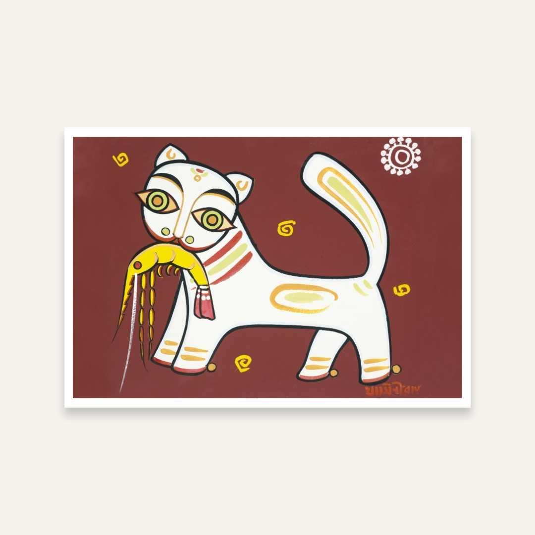 Jamini Roy Cat Painting for Living Room – Indian Folk Art Wall Painting | Giclée Print 3 : 2 Horizontal Premium Wall Art Canvas by MeriDeewar