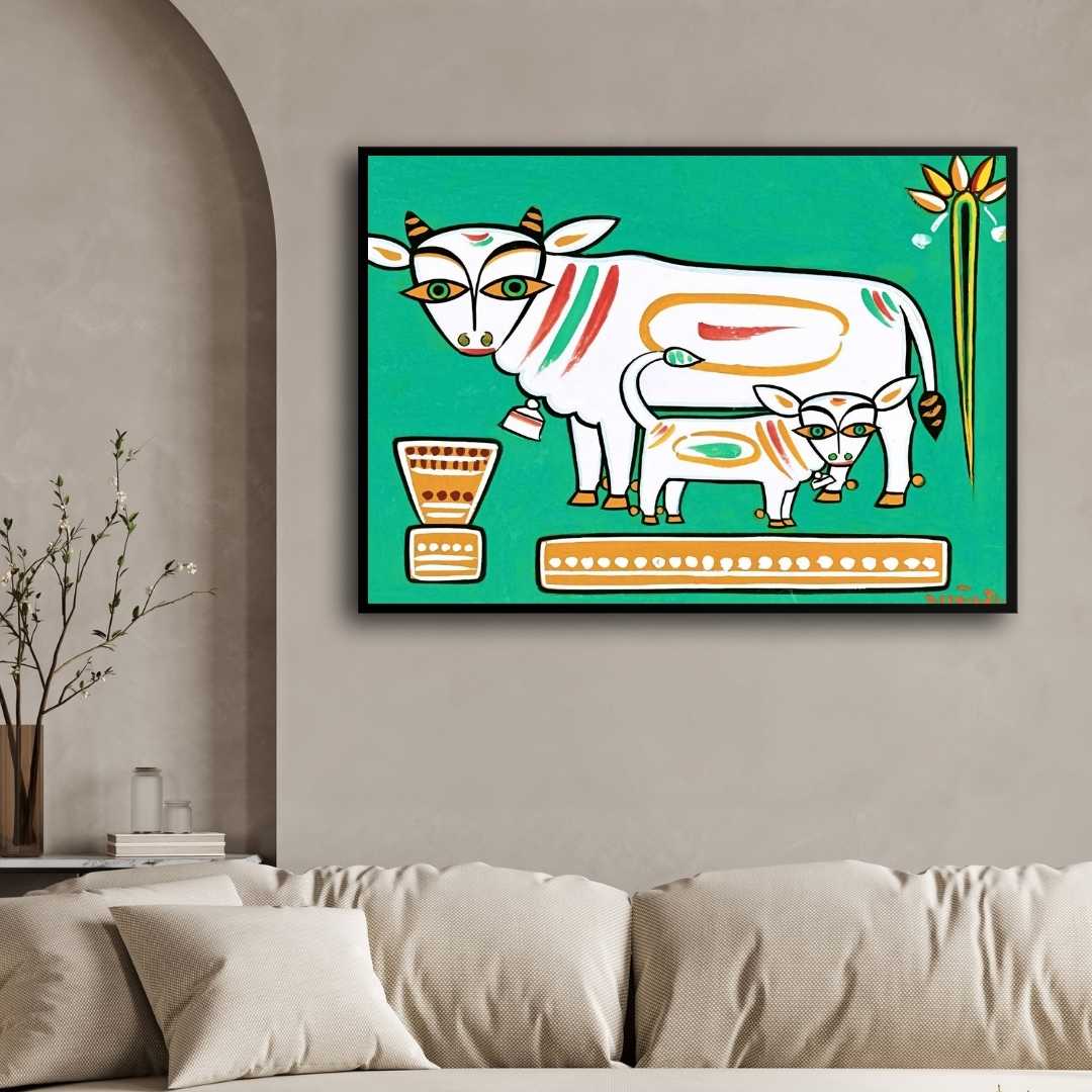 Jamini Roy Cow and Calf Painting for Living Room | Indian Folk Art Wall Painting 3 : 2 Horizontal Premium Wall Art Canvas by MeriDeewar