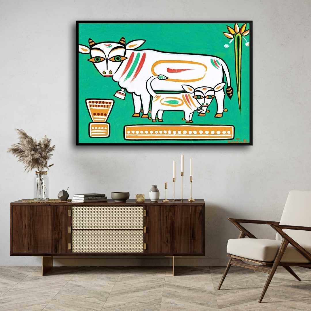 Jamini Roy Cow and Calf Painting for Living Room | Indian Folk Art Wall Painting 3 : 2 Horizontal Premium Wall Art Canvas by MeriDeewar