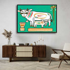 Jamini Roy Cow and Calf Painting for Living Room | Indian Folk Art Wall Painting 3 : 2 Horizontal Premium Wall Art Canvas by MeriDeewar