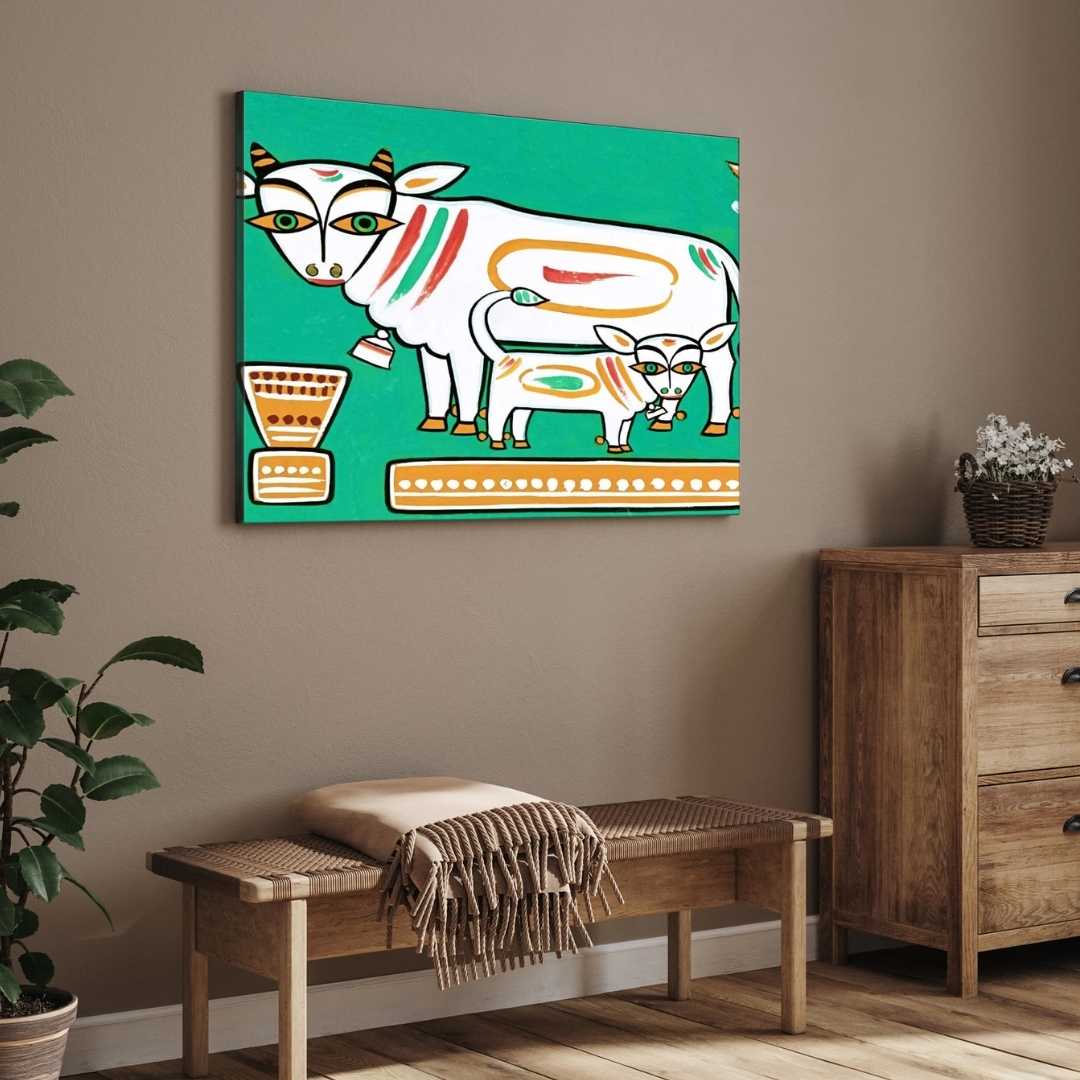 Jamini Roy Cow and Calf Painting for Living Room | Indian Folk Art Wall Painting 3 : 2 Horizontal Premium Wall Art Canvas by MeriDeewar