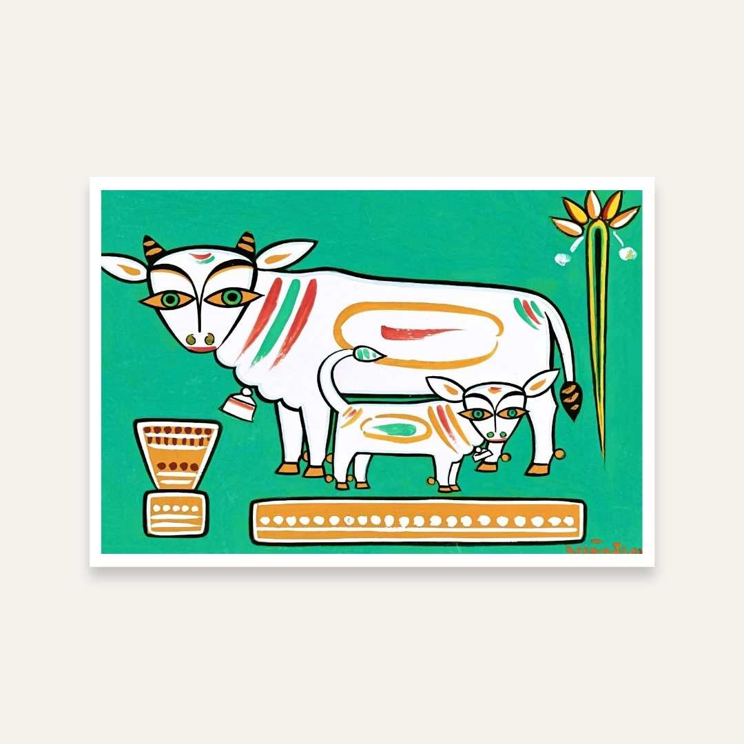 Jamini Roy Cow and Calf Painting for Living Room | Indian Folk Art Wall Painting 3 : 2 Horizontal Premium Wall Art Canvas by MeriDeewar