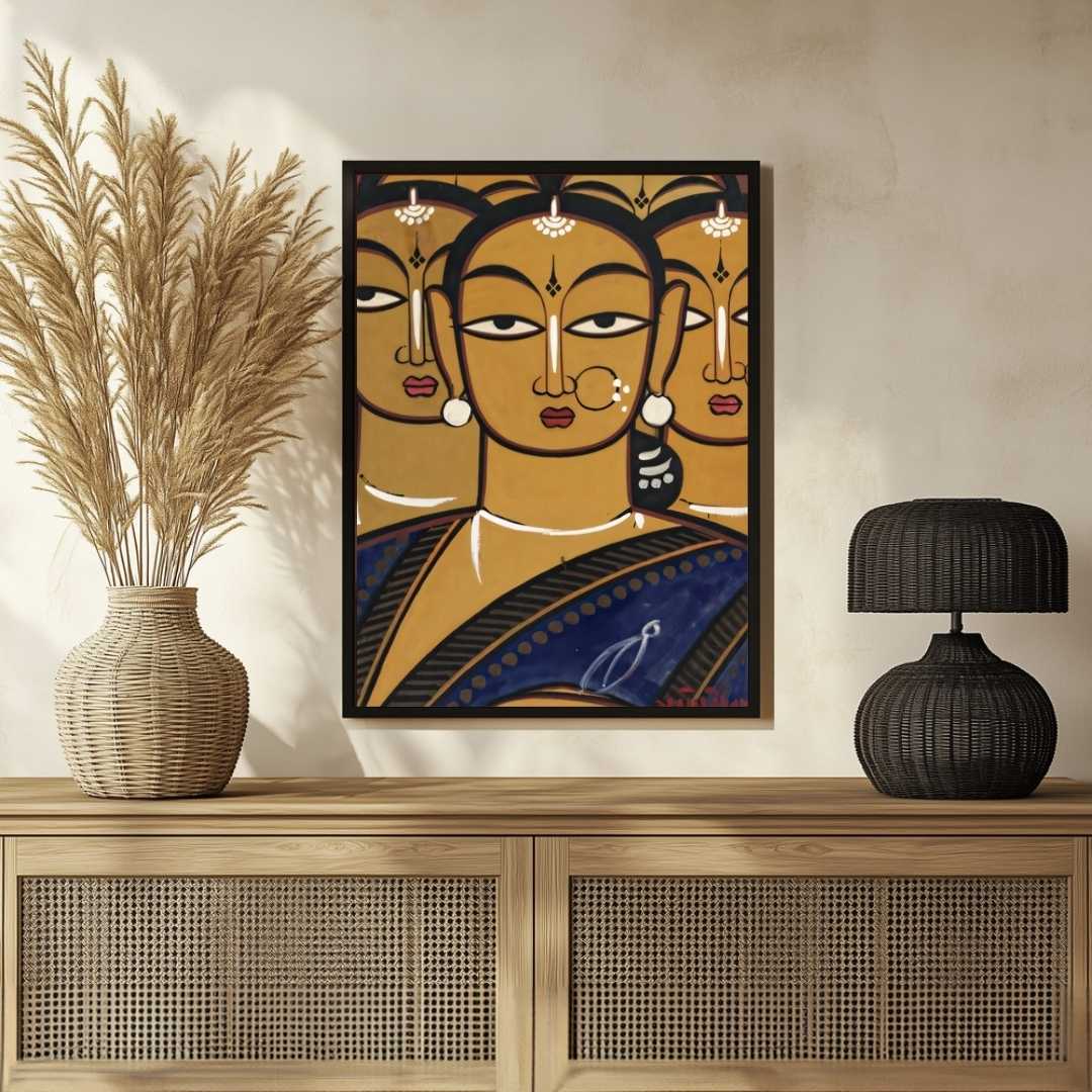 Jamini Roy Five Ladies Folk Painting for Living Room | Indian Art Wall Decor Print 2 : 3 Vertical Premium Wall Art Canvas by MeriDeewar