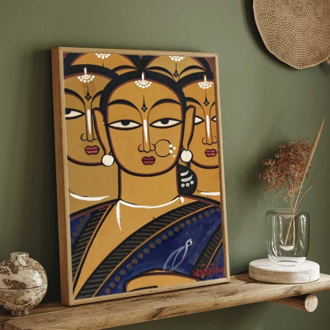 Jamini Roy Five Ladies Folk Painting for Living Room | Indian Art Wall Decor Print 2 : 3 Vertical Premium Wall Art Canvas by MeriDeewar