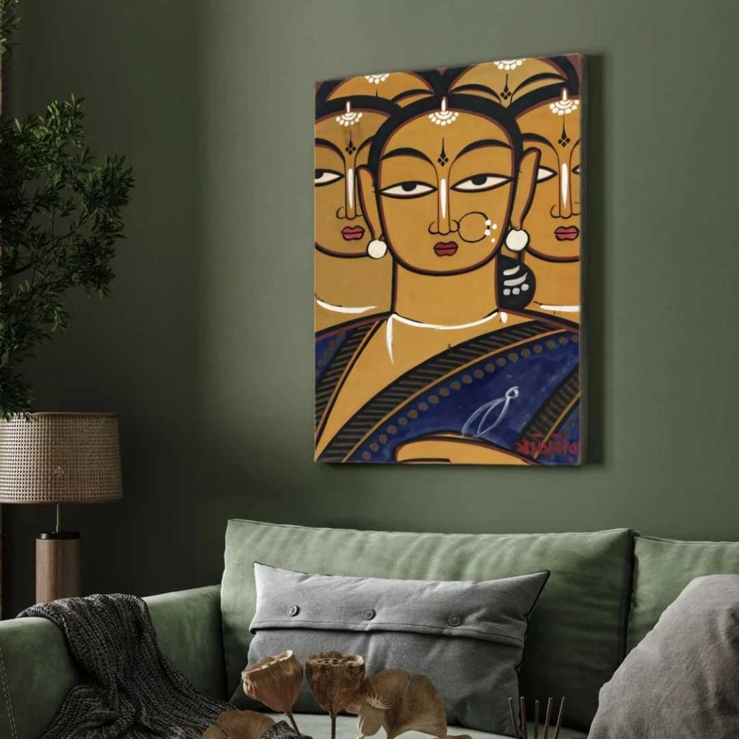 Jamini Roy Five Ladies Folk Painting for Living Room | Indian Art Wall Decor Print 2 : 3 Vertical Premium Wall Art Canvas by MeriDeewar