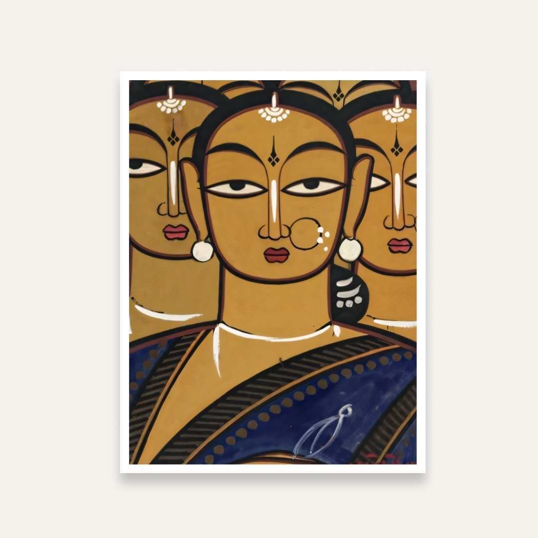 Jamini Roy Five Ladies Folk Painting for Living Room | Indian Art Wall Decor Print 2 : 3 Vertical Premium Wall Art Canvas by MeriDeewar