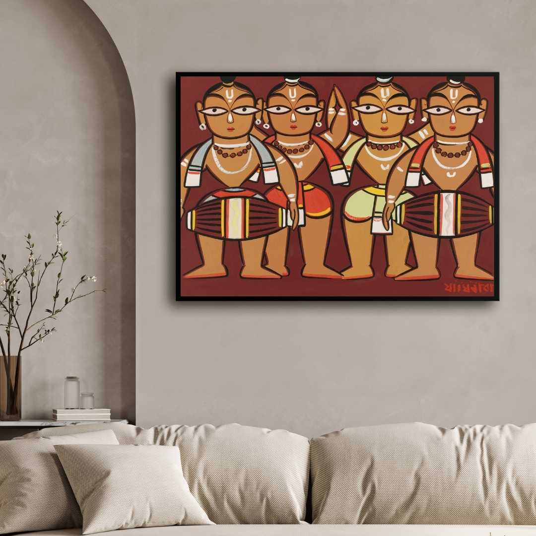 Jamini Roy Four Drummers Folk Art Painting for Living Room | Indian Wall Art Print 3 : 2 Horizontal Premium Wall Art Canvas by MeriDeewar