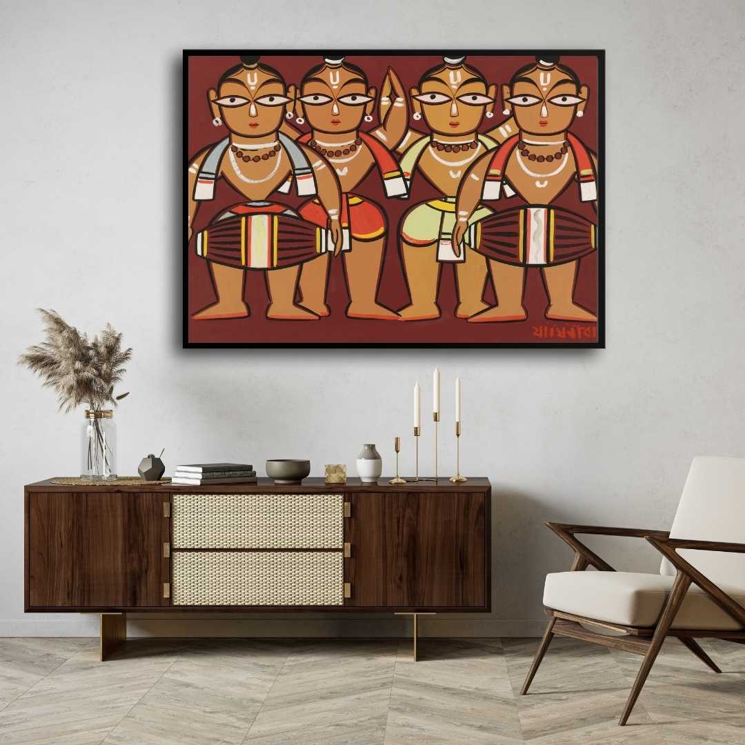 Jamini Roy Four Drummers Folk Art Painting for Living Room | Indian Wall Art Print 3 : 2 Horizontal Premium Wall Art Canvas by MeriDeewar