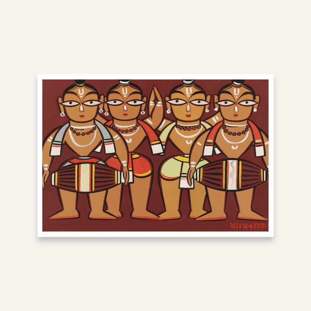 Jamini Roy Four Drummers Folk Art Painting for Living Room | Indian Wall Art Print 3 : 2 Horizontal Premium Wall Art Canvas by MeriDeewar