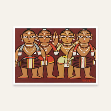 Jamini Roy Four Drummers Folk Art Painting for Living Room | Indian Wall Art Print 3 : 2 Horizontal Premium Wall Art Canvas by MeriDeewar