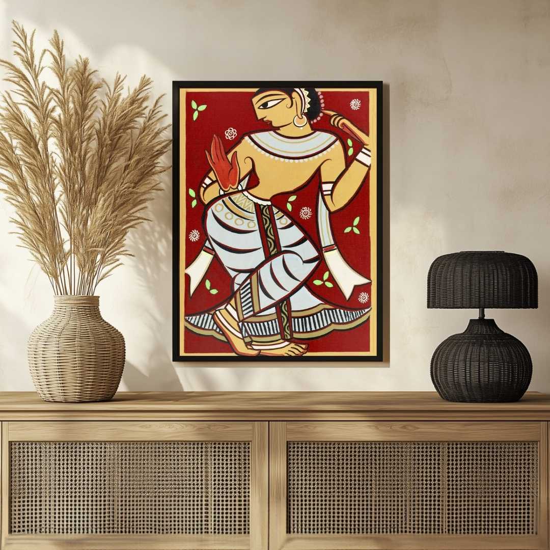Jamini Roy Gopini Dancing Folk Art Painting for Living Room | Indian Wall Art Print 3 : 4 Vertical Premium Wall Art Canvas by MeriDeewar