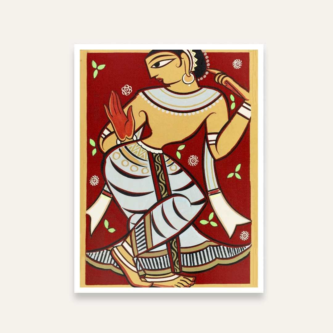 Jamini Roy Gopini Dancing Folk Art Painting for Living Room | Indian Wall Art Print 3 : 4 Vertical Premium Wall Art Canvas by MeriDeewar