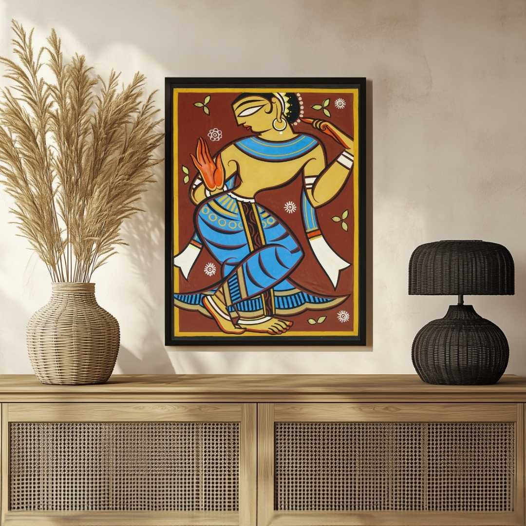 Jamini Roy Gopini Dancing Painting – Indian Folk Art for Living Room | MeriDeewar 3 : 4 Vertical Premium Wall Art Canvas by MeriDeewar